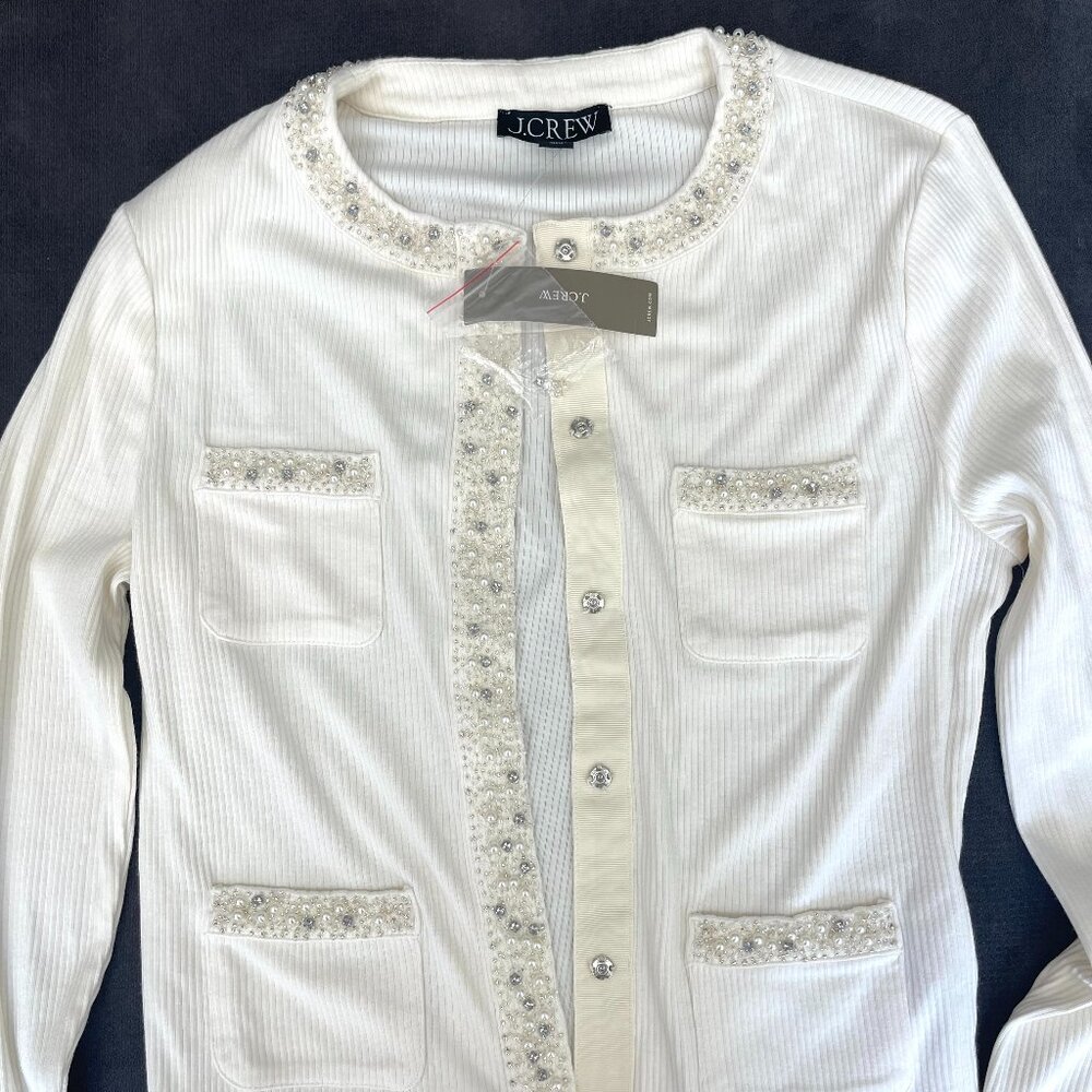 J.Crew Ivory Vintage Rib Lady Jacket with Jewel Trim, Size Small